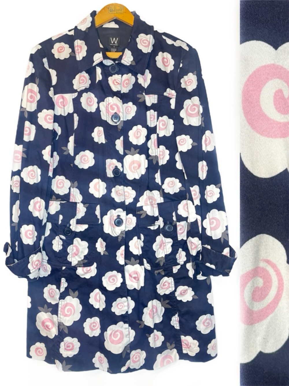 Navy Blue Floral Button Trench Coat from W Work To Weekend -L-